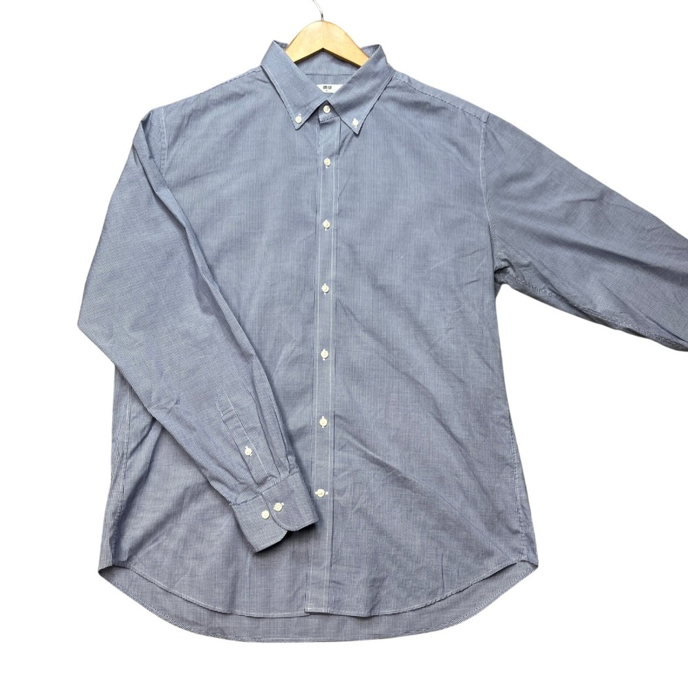 Uniqlo Slim Fit Button Down Shirt Mens XL Blue White Gingham Stretch Cotton